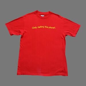 VTG 90s Hanes Beefy 'Only Visiting' Red/Yellow SS Single Stitch Tee Size L GUC